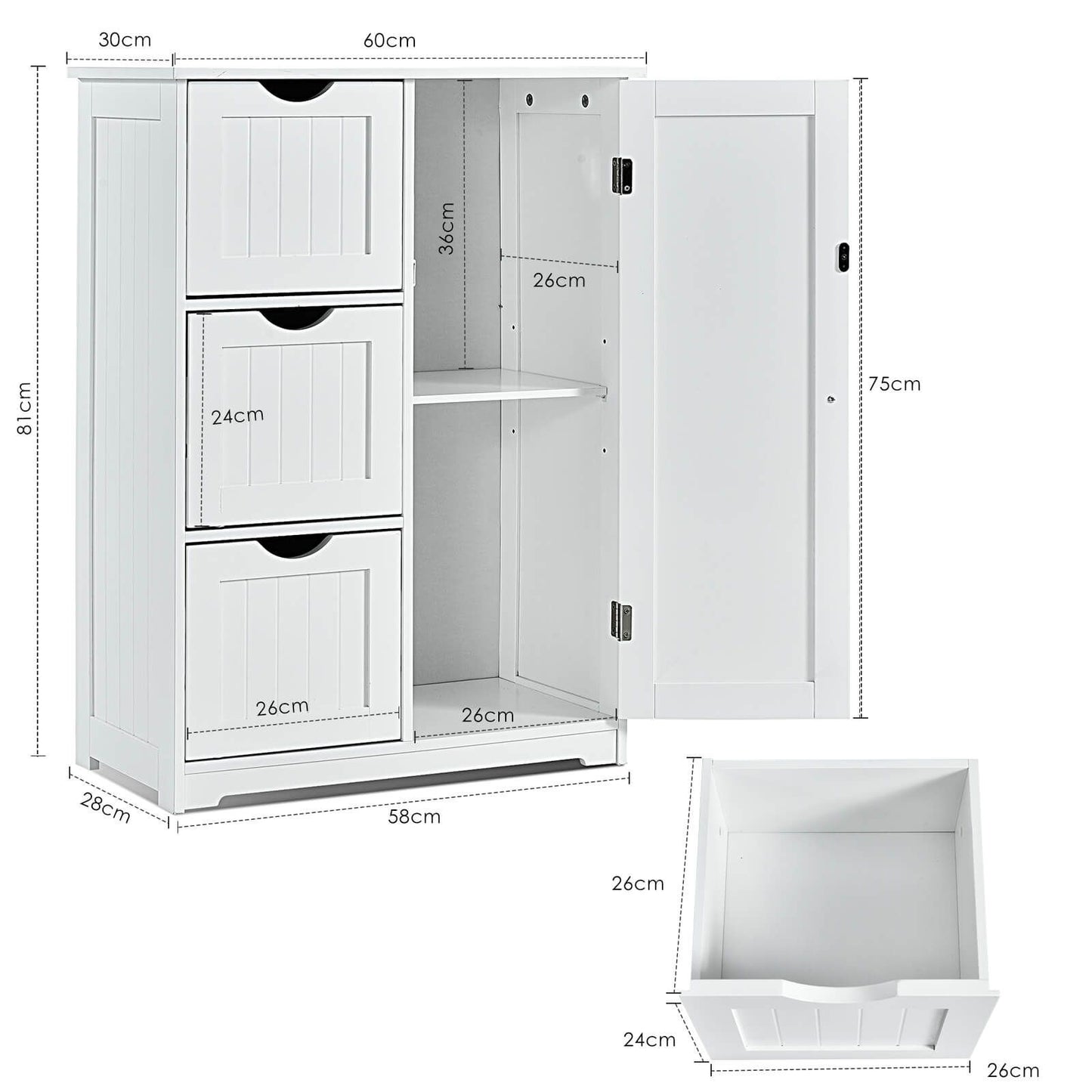 1-Door Freestanding Bathroom Cabinet with 3 Drawers