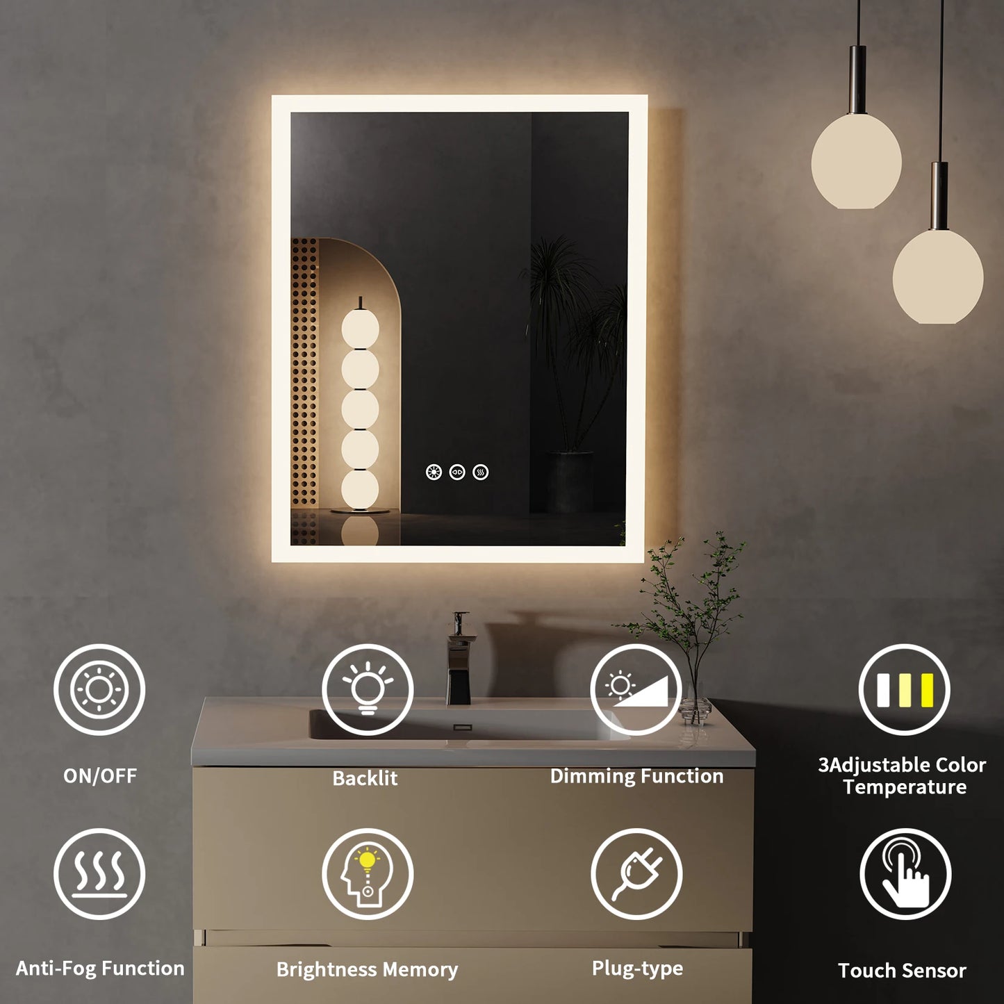 16x20 LED Bathroom Mirror, Anti-Fog, Smart Touch