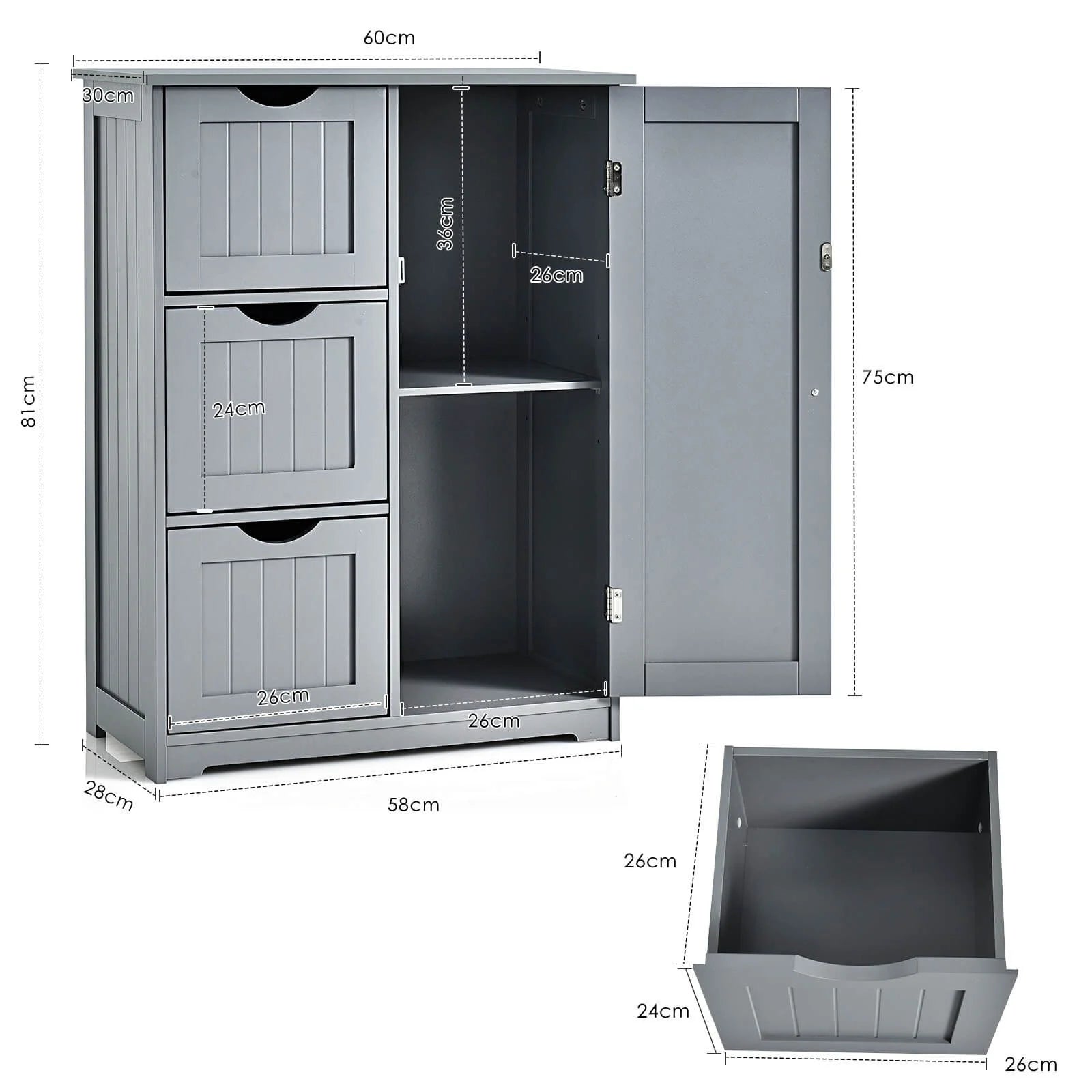 1-Door Freestanding Bathroom Cabinet with 3 Drawers